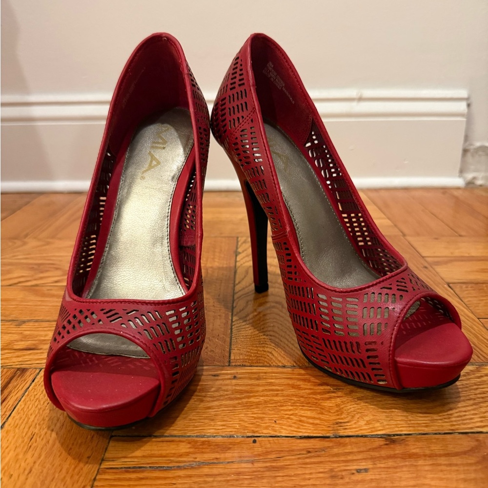 MIA Red Laser Cutout Peep-Toe Heels